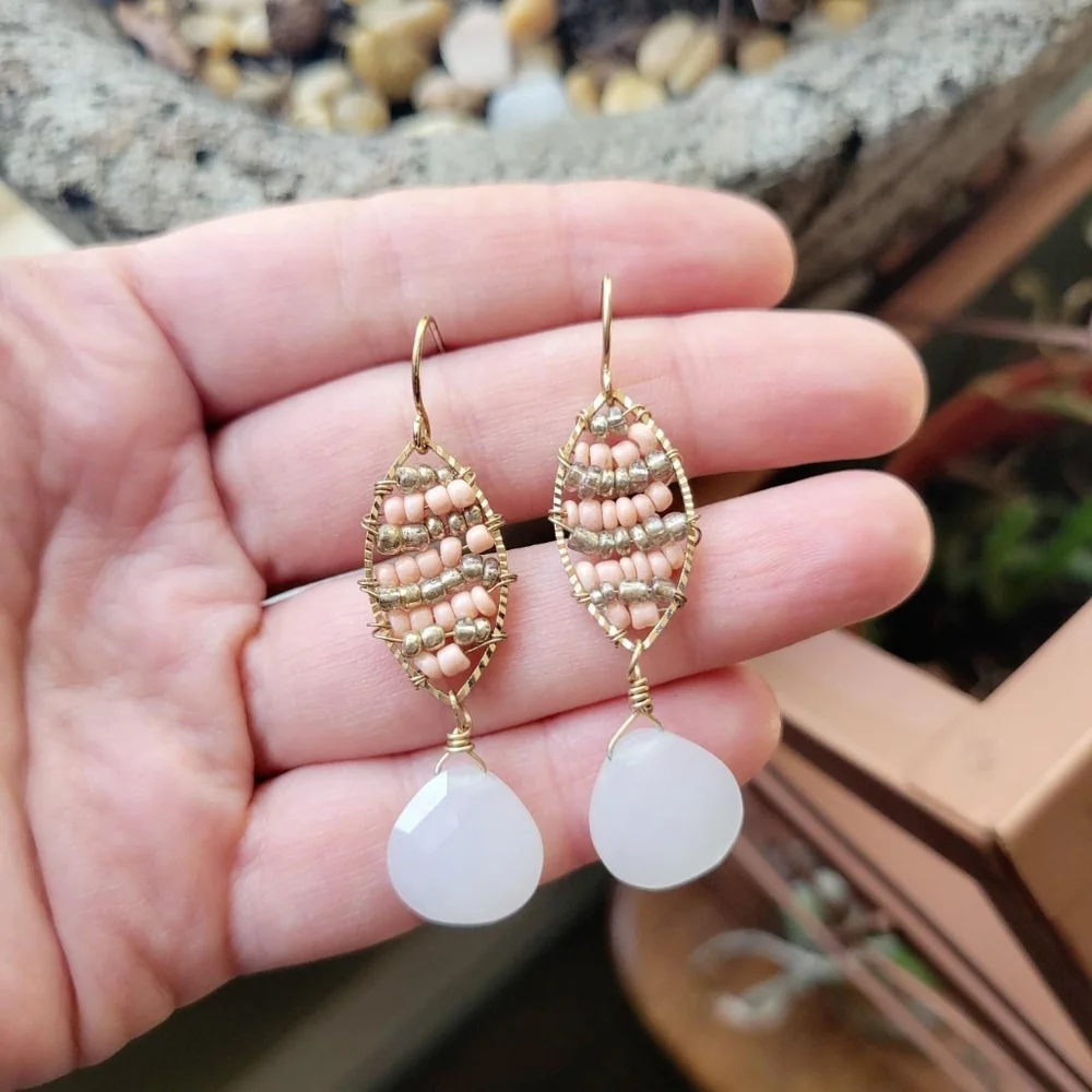 Handmade Pink & White Beaded Dangle Drop Hook Earrings